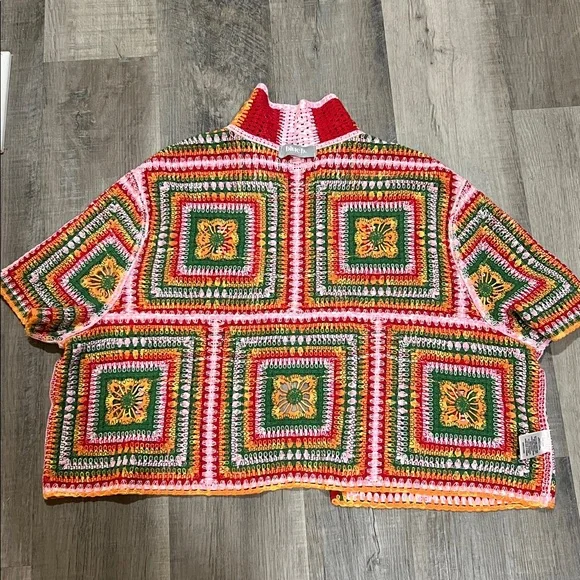 Blue B Collection Multi Color Short sleeve Crochet Granny Square sweater - Picture 7 of 8